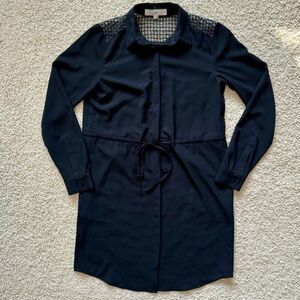 LOFT Long Sleeve Dress Knee Length Button Down Cinch Waist Black Size XSmall